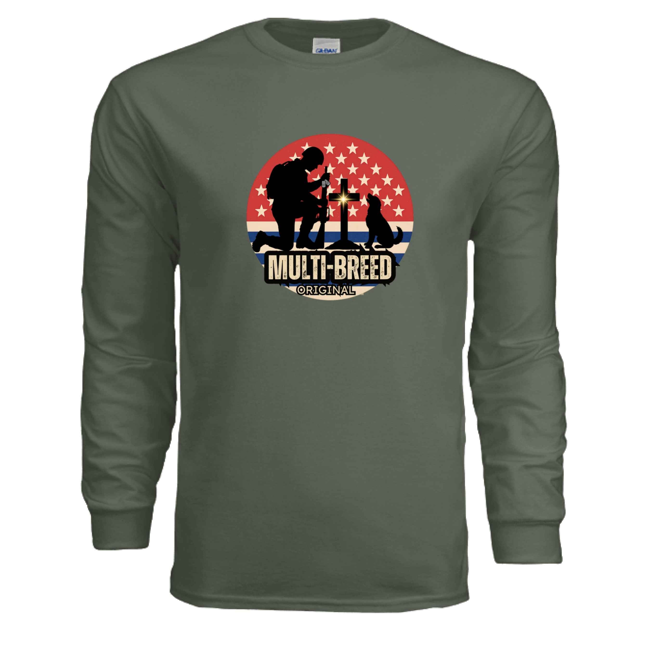 Men's Military Dog Theme Tee - All American Long Sleeve with American Flag Design